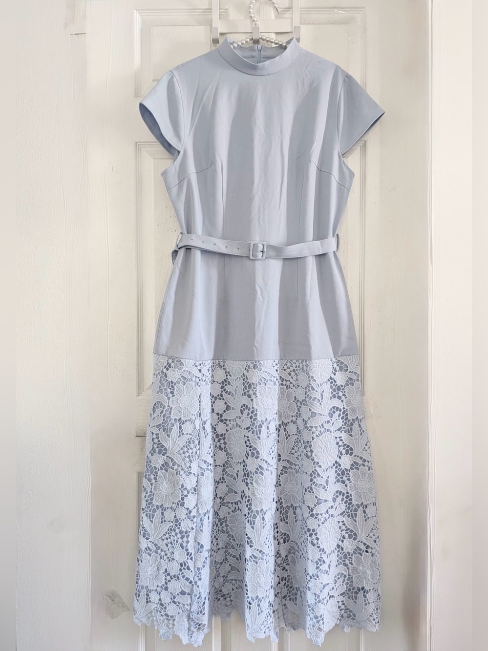 Commense Belted Short Sleeve Lace Hem Midi Dress - Picture 8 of 14